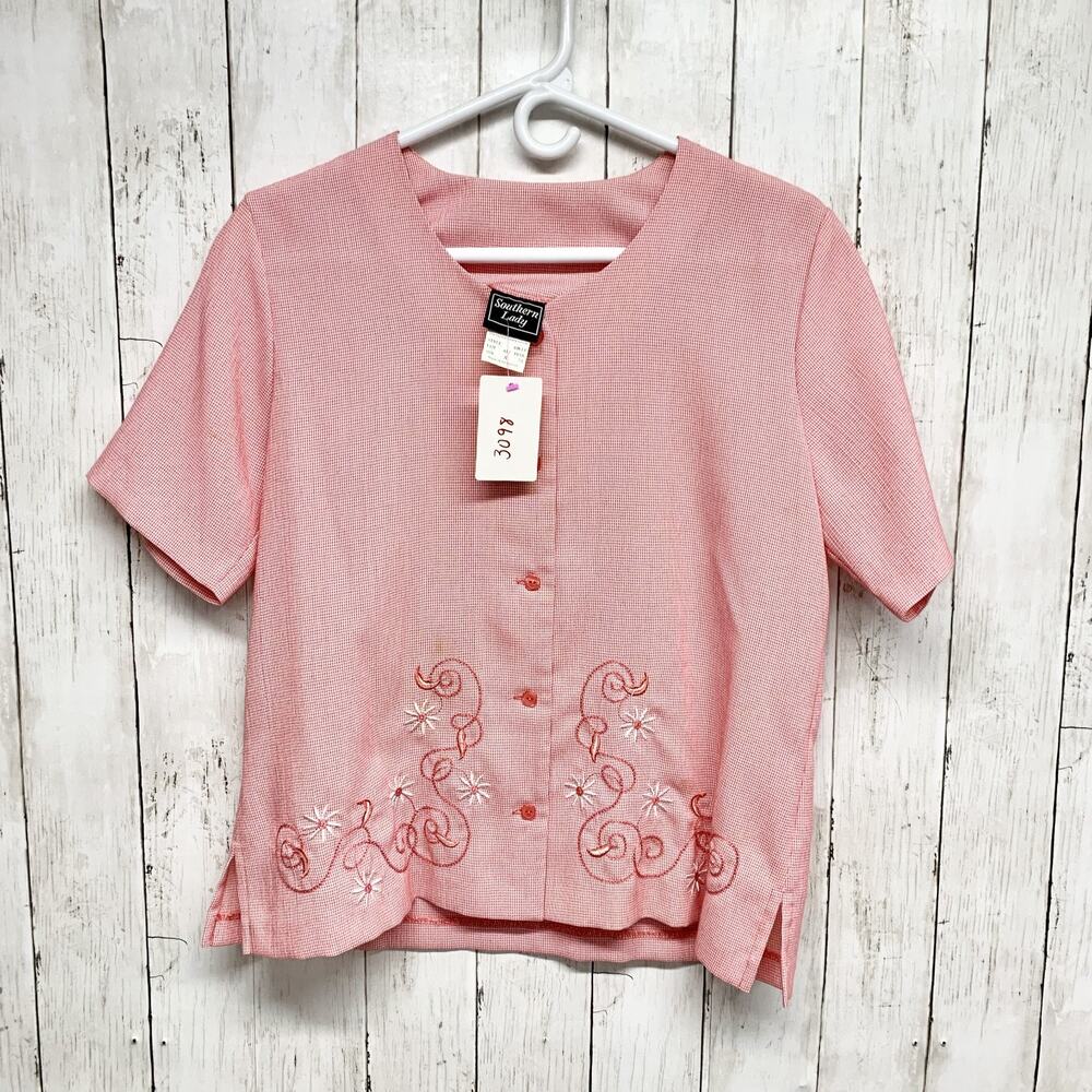 Vintage Southern Lady Jacket Women Size Small Red Gingham Floral Embroidered
